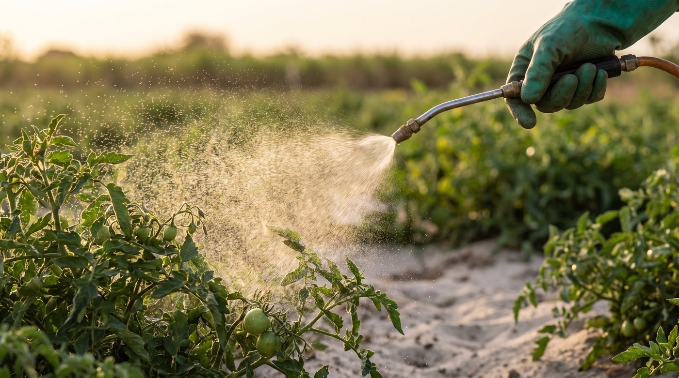 Pulvérisation d'une bouillie en voile fin sur des plants de tomate, tôt le matin