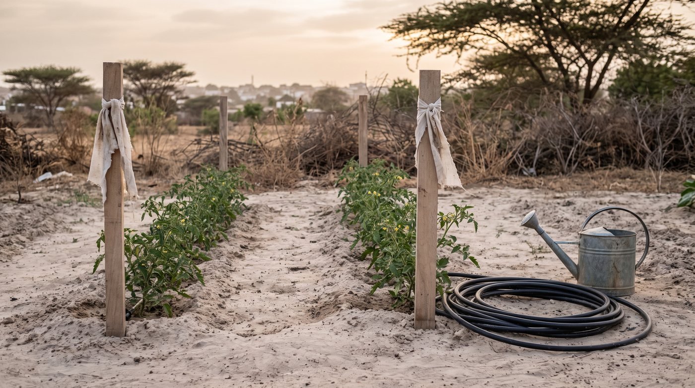 Deux rangs de tomates délimités par des piquets : une petite parcelle d'essai