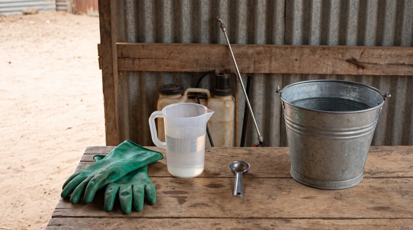 Gants, verre doseur, cuillère de mesure et seau d'eau propre, prêts pour la préparation d'une bouillie